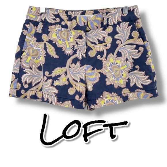 Ann Taylor Loft Navy Blue Paisley Shorts Linen Blend Floral Womens Size 0 - Picture 1 of 11